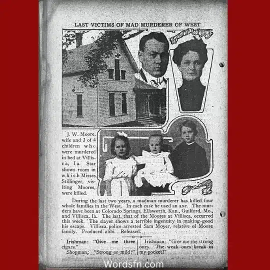 مقال في كتاب اليوم، شيكاغو، 14 يونيو 1912، يصور خمسة من الضحايا والمنزل. 